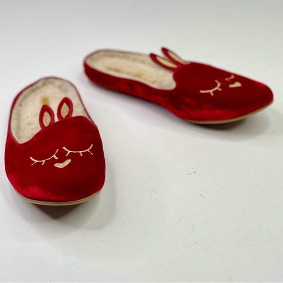 Marc by Marc Jacobs red velvet rabbit mules sherpa lined ballet flats loafer 37 - Picture 1 of 9